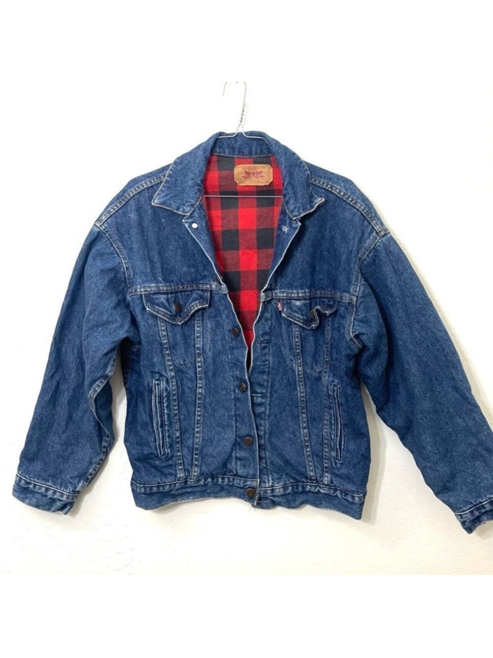 Vintage 90’s Levi’s Denim Trucker Jacket Red and Black Buffalo Plaid Lined
